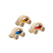 Three wooden toy cars with colorful interiors on a white background