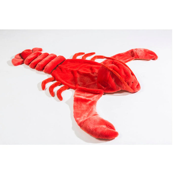 Red plush lobster disguise on a white background