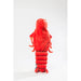 Child wearing a red plush lobster costume on a white background