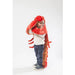 Child wearing a red lobster costume on a white background