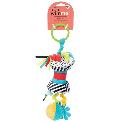 Colorful baby toy with rattle and ring on a white background, featuring the brand 'Wimmer'.