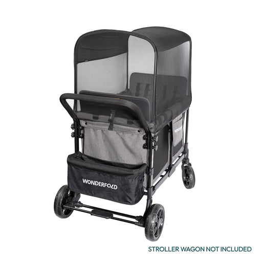 Black stroller wagon with fitted mosquito net cover on a white background, featuring the WonderFold brand.