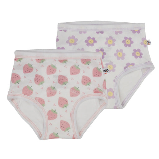Two pairs of children's underwear with strawberry and flower patterns on a white background.