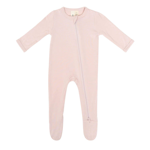 Light pink baby sleeper with a double zipper featured on a white background