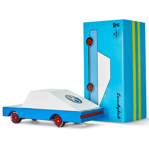 A classic blue racing toy car shape shown with packaging on white background