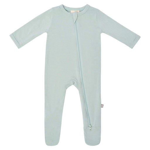Light green baby sleeper with a double zipper featured on a white background