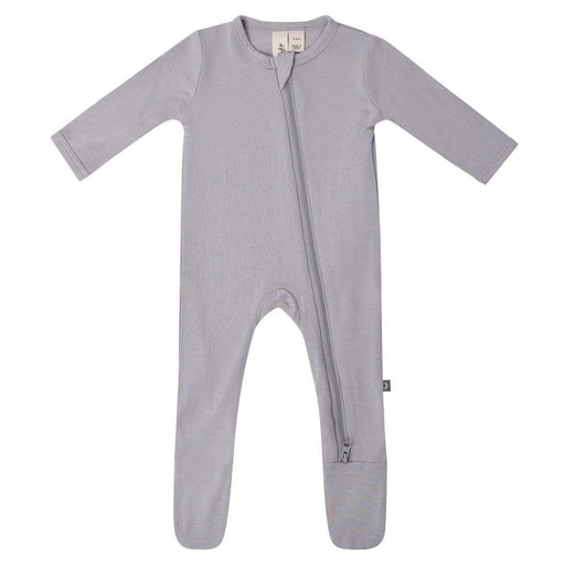 Light grey baby sleeper with a double zipper featured on a white background