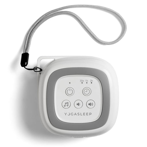 Lightweight and Portable Travelcube displays 5 buttons for on/off, timer, sound and volume up/down. Includes carry strap that can easily attach to a diaper bag