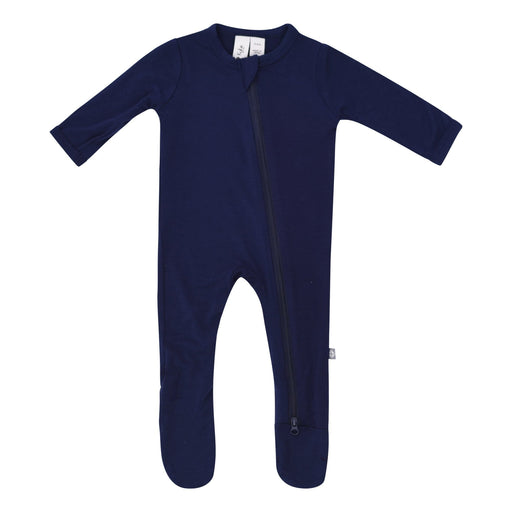 Dark blue baby sleeper with a double zipper featured on a white background