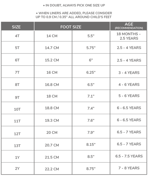 caption-Size Chart for Stonz Rain Boot Liners and Rain Boots