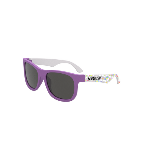 caption-Rainbow Sunglasses with purple frame and rainbow pattern on stem
