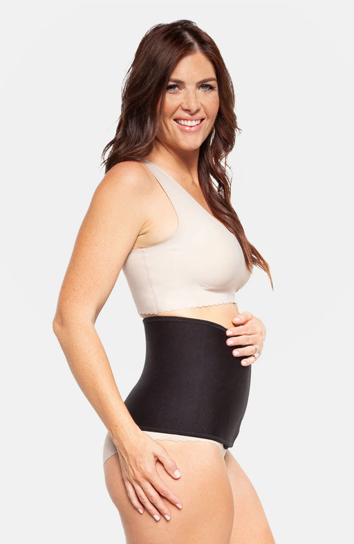 caption-Belly Bandit wrap in black instantly slims your silhouette and offers support to core muscles