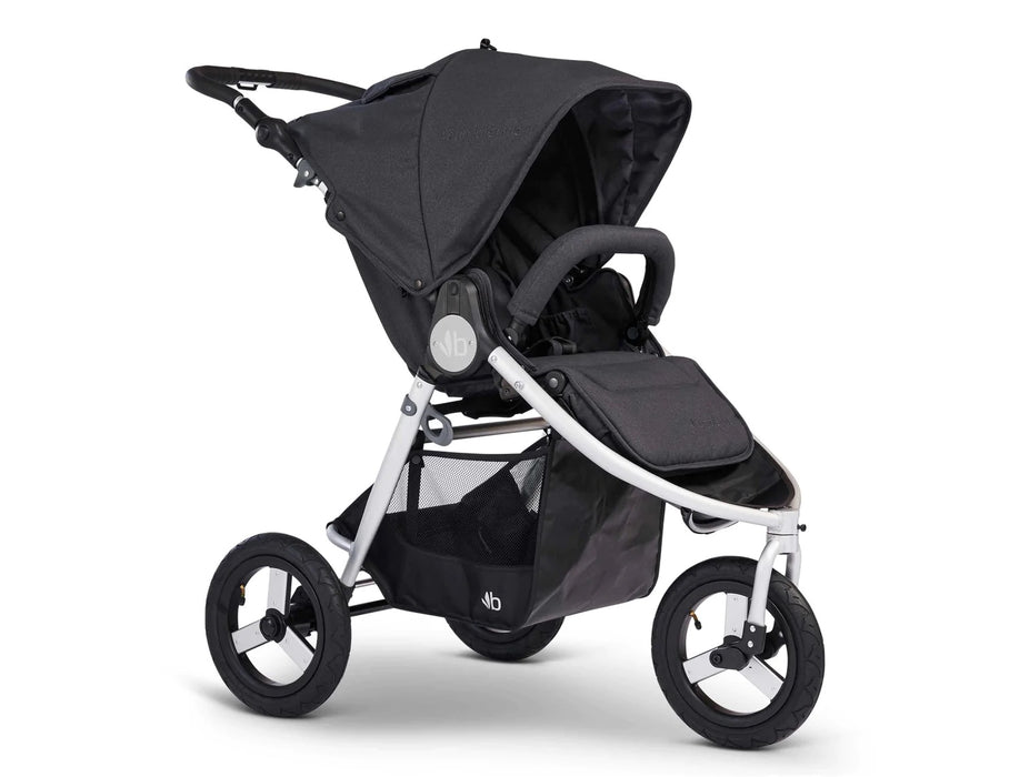 Premium wool blend fabric of Indie Stroller in Dusk is a deep charcoal colour on a silver frame with 3 air filled tires and roomy basket.