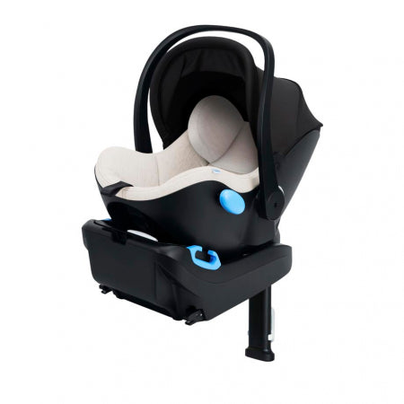 caption-Soft white linen blend Crypton fabric - Marshmallow Liing infant car seat shown on base with load leg