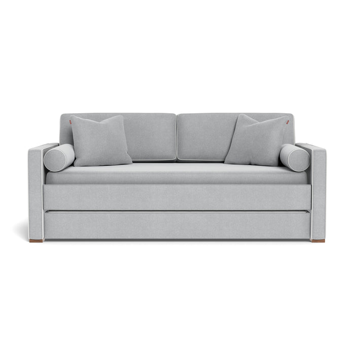 caption-Monte Daybed in Nordic Grey with White Piping and Walnut Feet