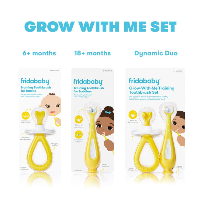caption-Your Training Team is here! Use all three stages of Frida toothbrushes for infants and children
