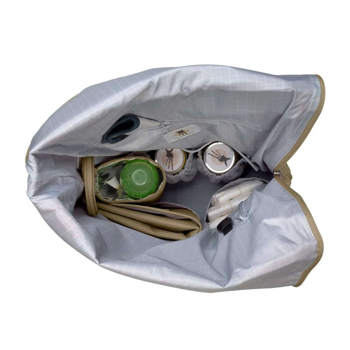 caption-Look inside the Lassig Rolltop Diaper Bag in Olive Green