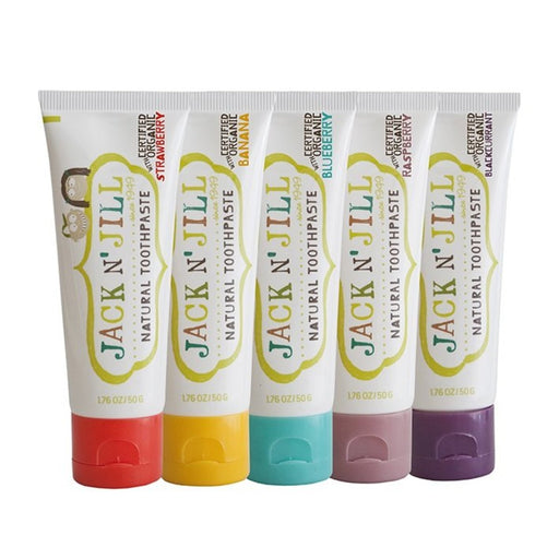 5 Jack N Jill toothpaste tubes in 50g with colourful easy flip top lids. Strawberry, banana, blueberry, raspberry and black currant are pictured