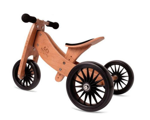 Wooden bamboo tricycle ride on with three wheels. Not shown conversion to two wheel balance bike. Recommended for ages 18 months to 4 years with adjustable seat height