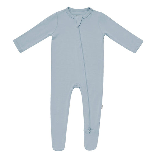 Light blue baby sleeper with a double zipper featured on a white background