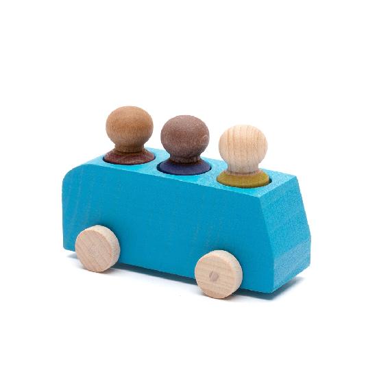 caption-Wooden Toy Bus in Blue with 3 figures from Lubulona