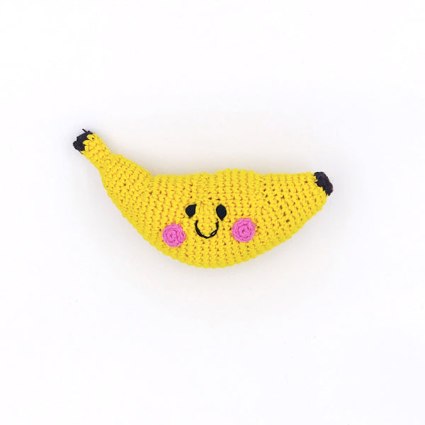 caption-Fair Trade Crocheted Banana Rattle with smiley face