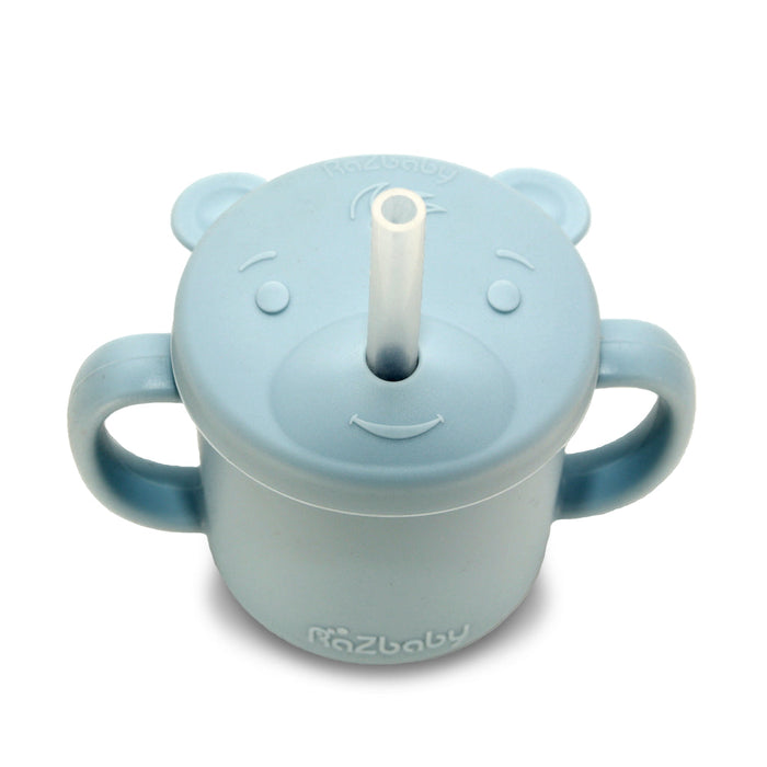caption-Soft silicone cup with straw and handles in blue