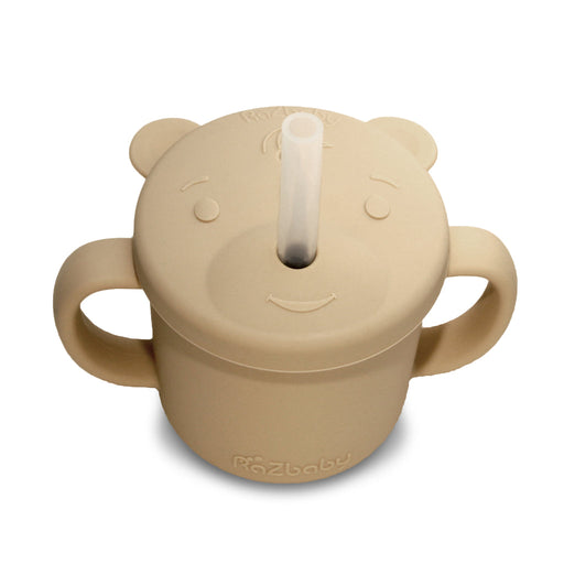 caption-Soft silicone cup with straw and handles in tan