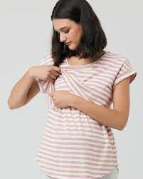 caption-Pink Stripe Short Sleeve Tee for Nursing and Maternity