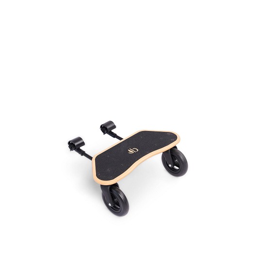 skateboard style ride on board to attach to Bumbleride Strollers 2022 models and newer. Features two wheels and slip resistant wooden board and attaches on to back framing of stroller