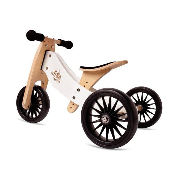 White Frame wooden tricycle with ability to change height and transition to two wheel balance bike for toddlers to 4 year old